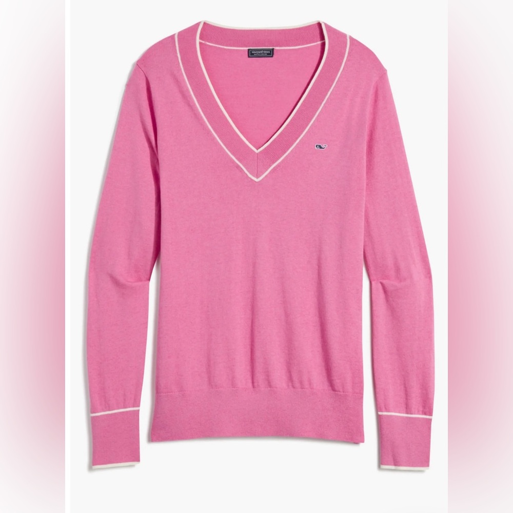 Vineyard Vines Heritage Tipped V-Neck Sweater Pink/Coral Cotton Cashmere